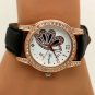 Charm Butterfly Round Dial Crystal Quartz Wrist Watch Black Band Lady Girl Q1171