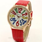 Fashion Crystal Big Arabic Red Leather Band Analog Quartz WristWatch Women Q3694