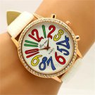 Fashion Crystal Big Arabic White Leather Analog Quartz WristWatch Women Q3692