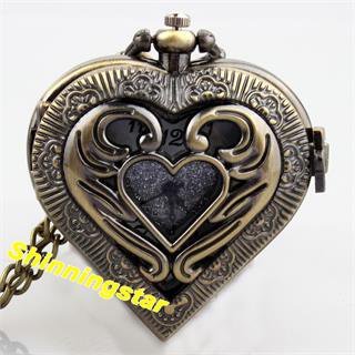 Bronze Heart-shaped Quartz Pocket Watch Necklace Pendant Chain  Men Women'sP271