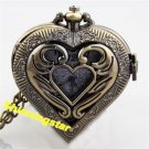 Bronze Heart-shaped Quartz Pocket Watch Necklace Pendant Chain  Men Women'sP271