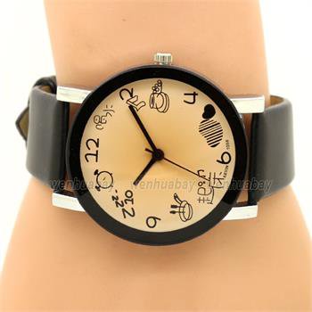 Lovely Simple Round Dial Black Leather Band Quartz Wrist Watch Lady Girl Q2641