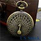 Fashion Hollow Peacock Bronze Quartz Pocket Watch Necklace Pendant Women USAP206