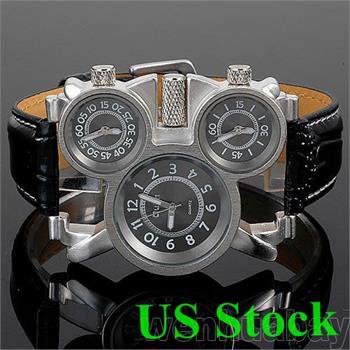 OULM Military Cool Three Time Zones Movements Watch Leather Men Black USA Q0731