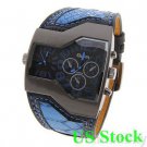 OULM Blue Square Military Army 2 Time Zone Movement Watch Leather Sport USAQ0784