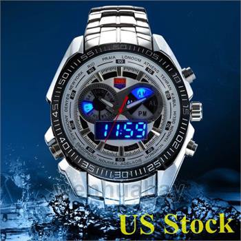 Waterproof Silver Quartz And  LED Combine Stainless Steel Band Men USA L8906