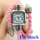 Pink Weave WRAP Around Leather Bracelet Women Quartz Wrist Watch USA B2605