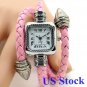 Pink Weave WRAP Around Leather Bracelet Women Quartz Wrist Watch USA B2605