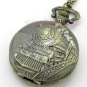 Retro Bronze Steam Train Watch Necklace Pendant Chain Hour Women Men Gift 86P107