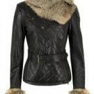 Ladies Washed 100% Soft Lamb Leather Quilted Raccoon Fur Collar X-SmallJacket