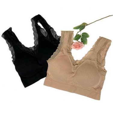 Rhonda Shear 2pk Forever Stretch Ahh Ribbed Knit Bra w/Lace Trim MEDIUM