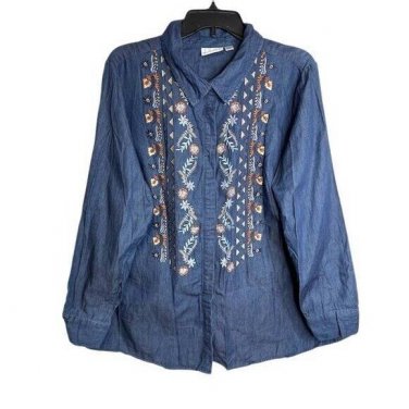 Joan Rivers Cotton Button Front Embroidered Denim Shirt 1X (3737)