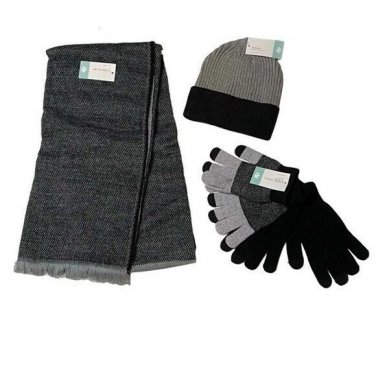 Winter Wearables Bundle Set  Black Scarf, Hat, 2 Gloves 4 Piece New (303)