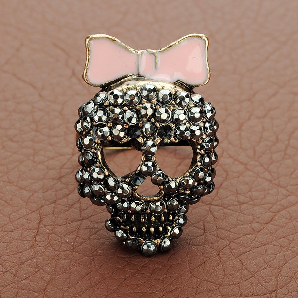 Adjustable Ring Punk Style Black Rhinestones Sugar Skull With Pink Enamel Bow
