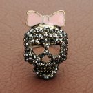 Adjustable Ring Punk Style Black Rhinestones Sugar Skull With Pink Enamel Bow