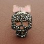 Adjustable Ring Punk Style Black Rhinestones Sugar Skull With Pink Enamel Bow