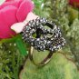 Adjustable Ring Punk Style Black Rhinestones Sugar Skull With Pink Enamel Bow