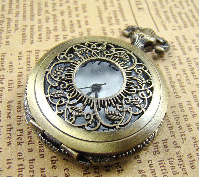 Antique Sun Pattern and Bronze Leaves Pocket Watch Necklace