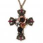 Bronze Cross Decorated With Roses Pendant Necklace, Silver Skull And Rhinestones