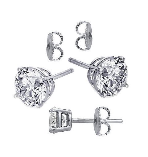 Sterling Silver Clear CZ Studs, Bonded in White Gold, AAA Prong Set Round 7MM