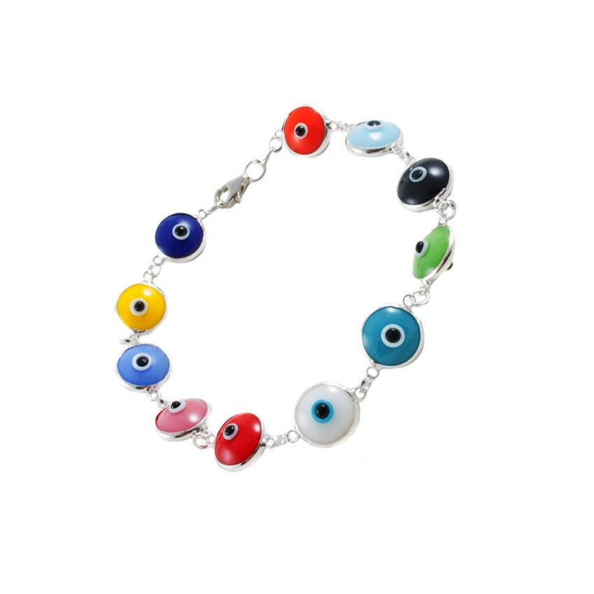 EVIL EYE(10MM) MULTI COLOR SILVER BRACELET IN SIZE 7 &Acirc;&frac12;"