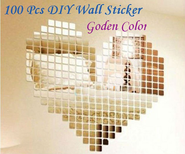 100 Pcs Golden 2x2cm 3D Wall Sticker Mosaic Mirror Effect Living Room Decor
