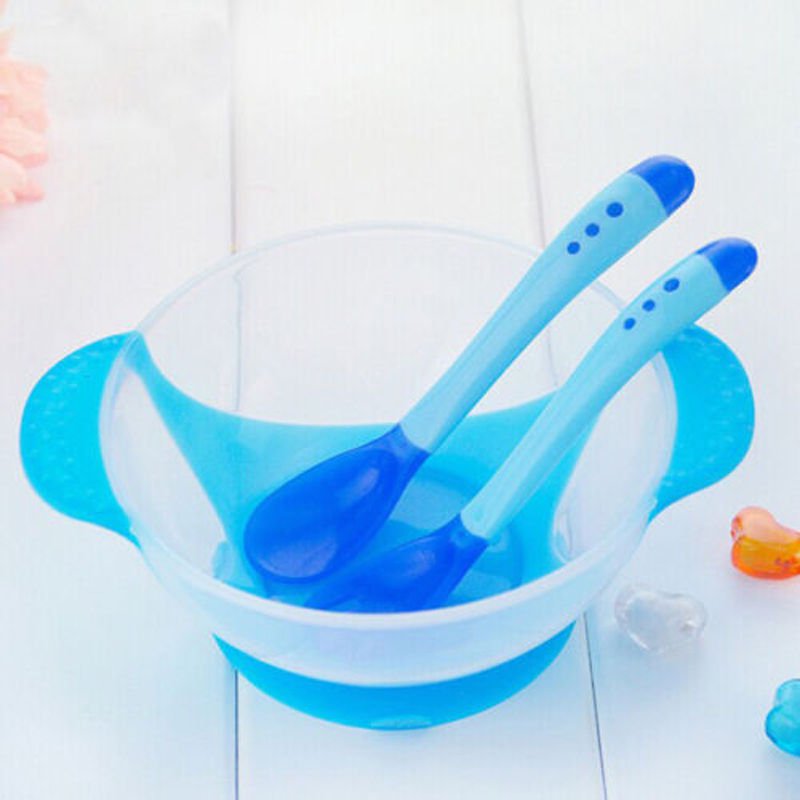 Blue Infant Baby Dishes Set Slip-resistant Bowl Temperature Sensing Spoon DB
