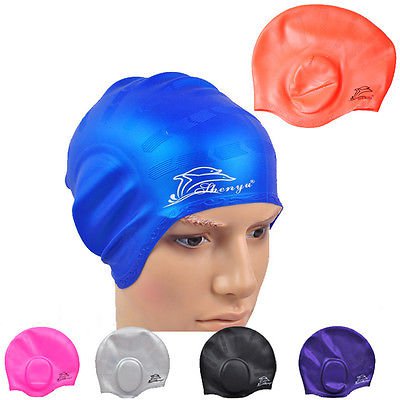 Silicone Stretch Swimming Long Hair Cap Hat With Ear Cup Water Proof Pink
