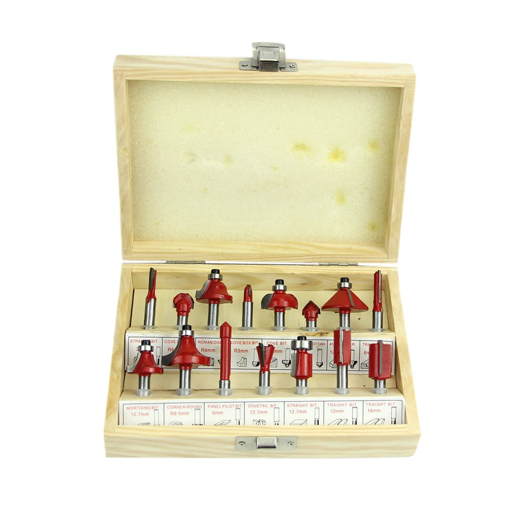 15pc 1/4" Router Bit Set Shank Tungsten Carbide Rotary Tool + Wood Case Box db