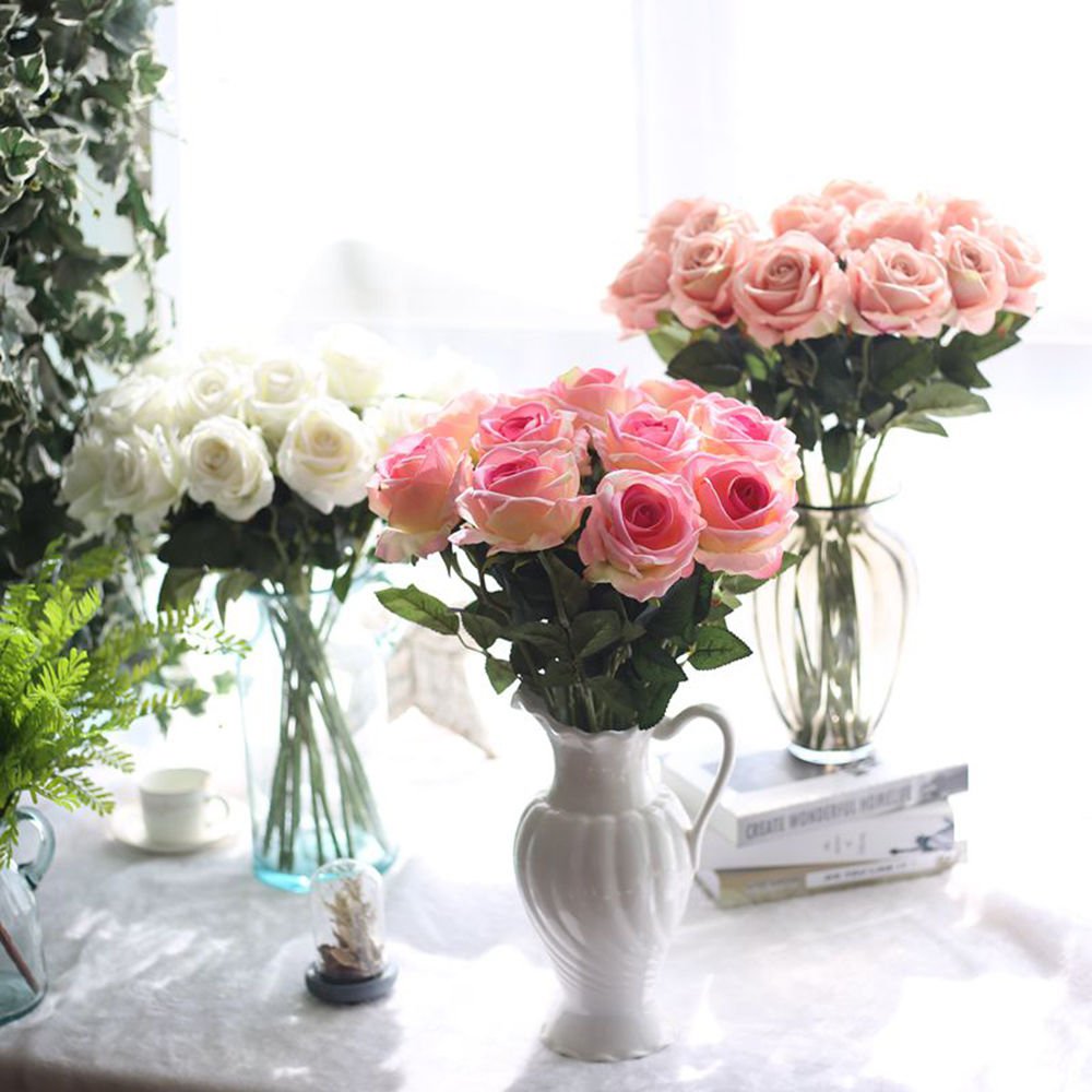 10 stems Artificial Floral Silk Fake Flower Bouquet White color Silk Rose