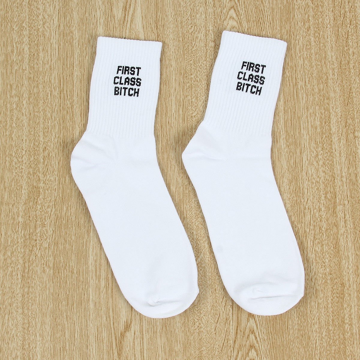 Fashion Men Women ( FIRST CLASS BITCH ) Print Funny Casual Sport White Black Skateboard Socks