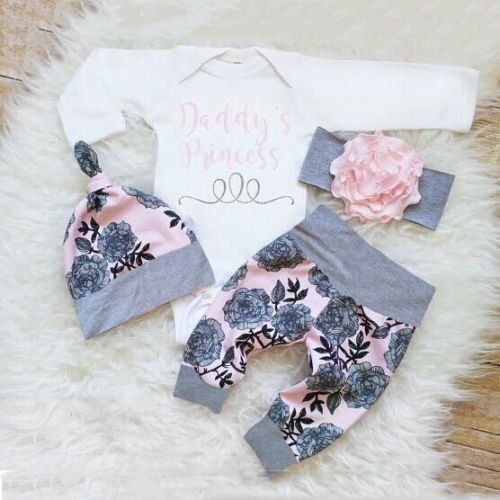 4PCS Newborn Infant Baby Girl Outfits Clothes Set Romper Bodysuit+Pants Leggings new