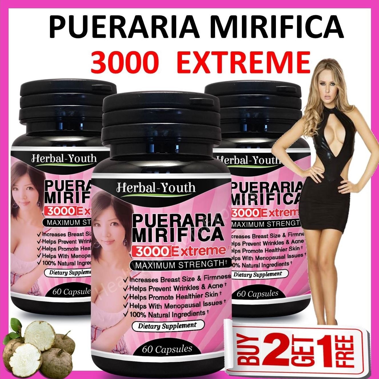 PUERARIA MIRIFICA 3000 EXTREME PURE & NATURAL BUST BREAST ENLARGEMENT CAPSULES AA