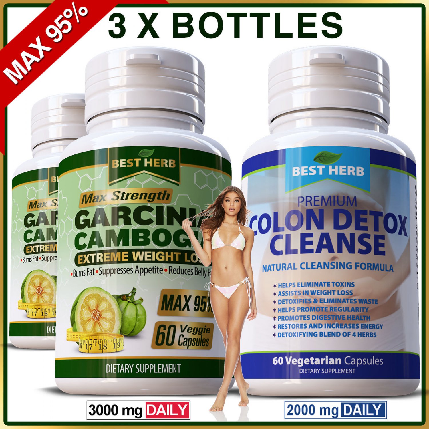 3 x Bottles Garcinia MAX 95% Natural Diet Colon Detox Weight Loss Slimming Pills ZX