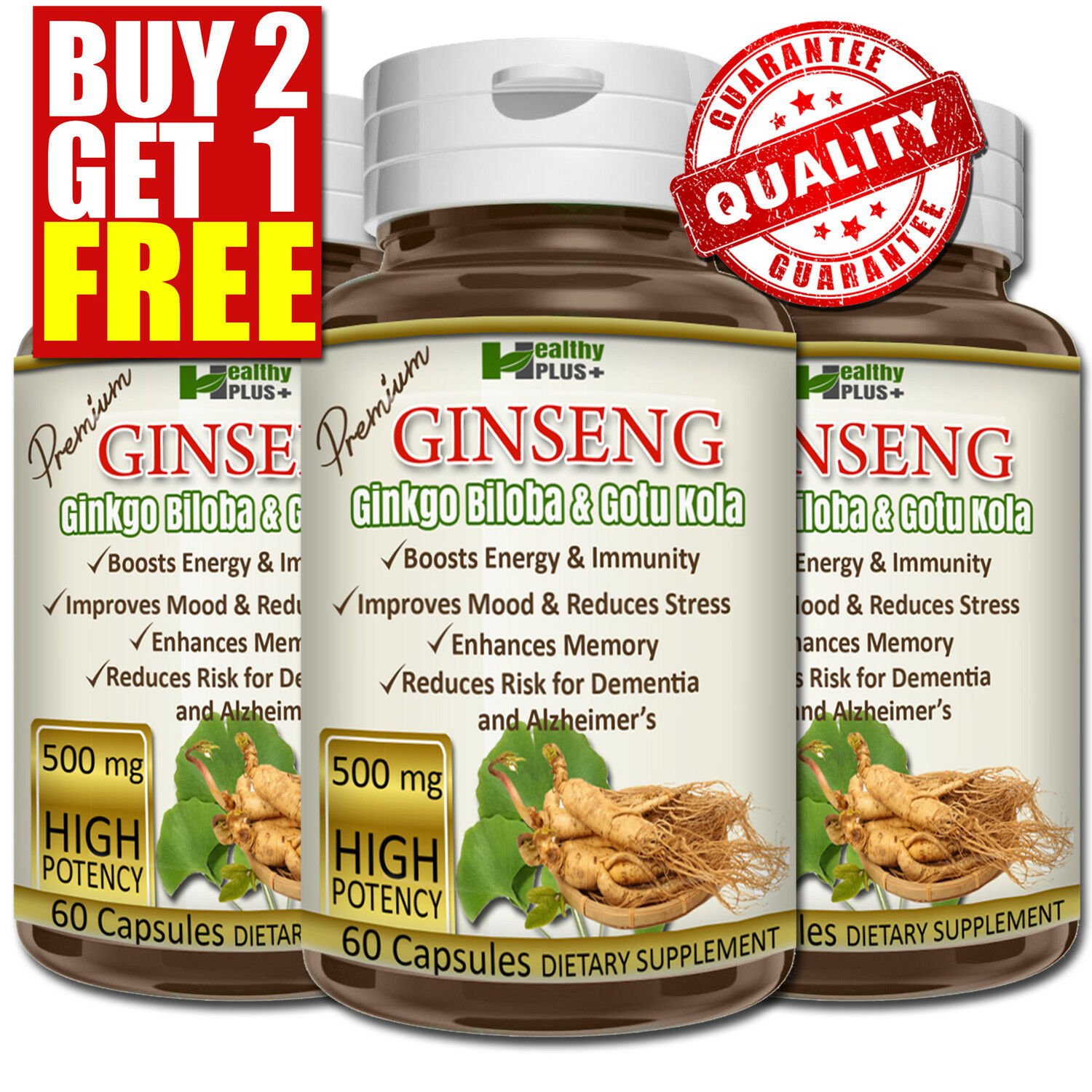 Premium GINSENG GINKGO BILOBA GOTU KOLA Capsules Cognitive Energy Reduce Stress CC