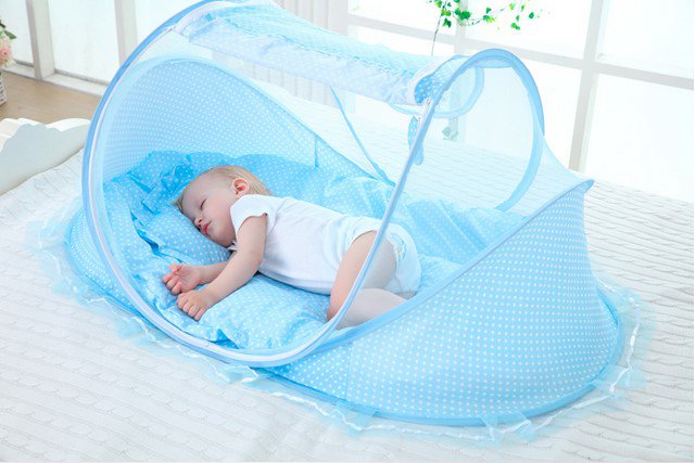 Baby Bedding Crib Netting Folding Baby Mosquito Nets Bed Mattress Pillow Blue