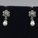Sterling Silver Marcasite Flower Pearl Post Earrings New