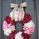 Valentines Day Wreath-  Pink, Red & White Hydrangeas with Burlap Bow