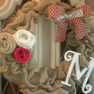 Burlap Roses Valentines Day Wreath with custom monogram initial