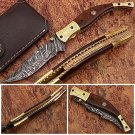 Executive Series Baekelite ENGRAVED Clip-Point Folding Damascus Knife Solid Brass Bolstered