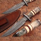 Custom Made Damascus Steel Hunting Knife w/ Giraffe & Camel Bone