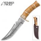 Timber Wolf AncientWood Damascus Steel and Olivewood Bowie Knife w/ Leather Sheath