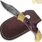 Lockback Damascus Folding Knife Purple Giraffe Bone Handle Engraved Bolster