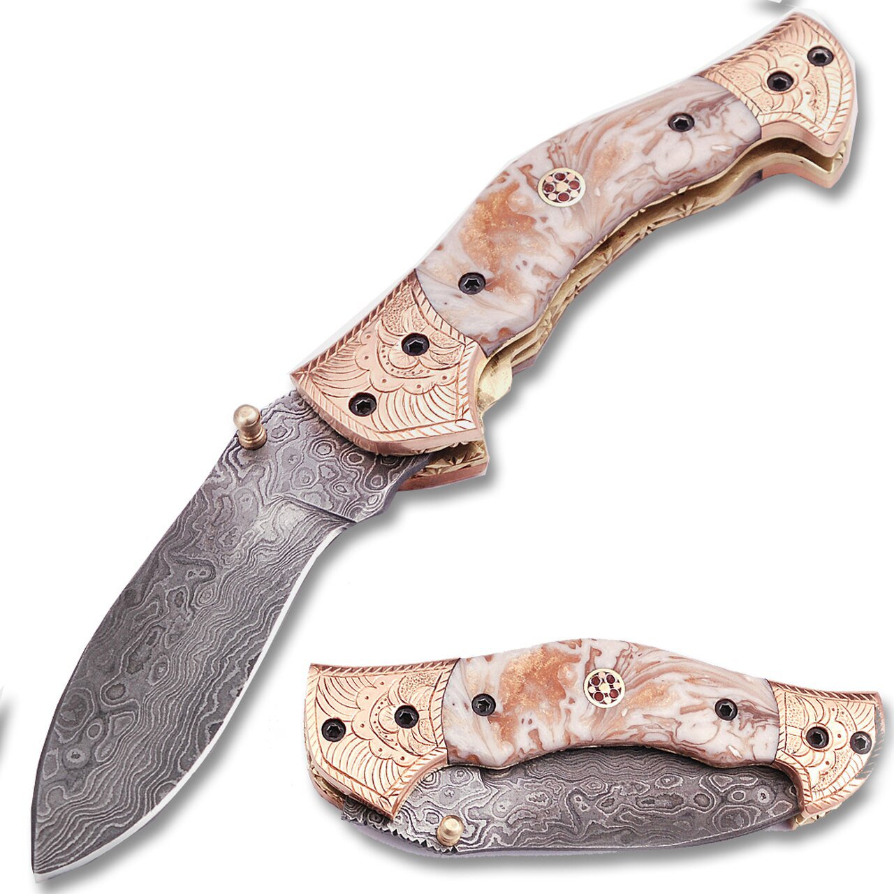 Executive Series Damascus Folding Knife Copper Bolster