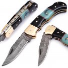 White Deer Executive Series Damascus Folding Knife Brass Filework