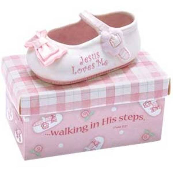 Baby girl porcelain shoe keepsake birth announcement Jesus Loves Me