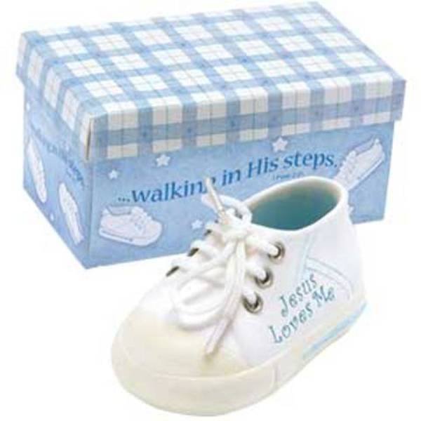 Baby boy porcelain shoe keepsake birth announcement Jesus Loves Me