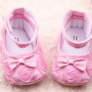 New 6/9 months baby girl's soft bottom pink crib shoes w/ rosettes infant