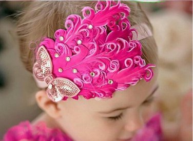 Vintage style baby headband with pink feathers and pink rhinestone butterfly C175