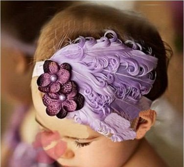 Vintage style baby headband with purple feathers and flowers C175